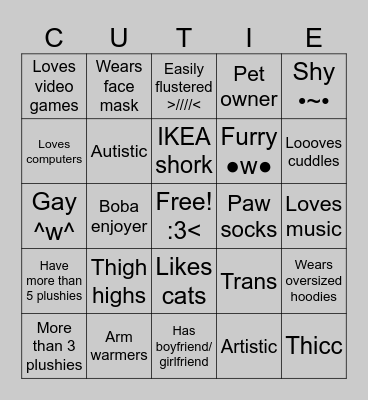Femboy BINGO Card