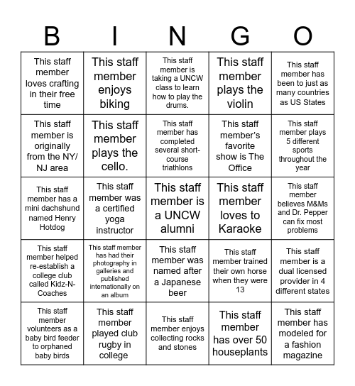Counseling Center Staff Bingo Card