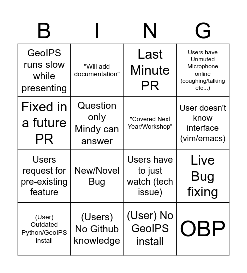 GeoIPS Workshop Bingo Card