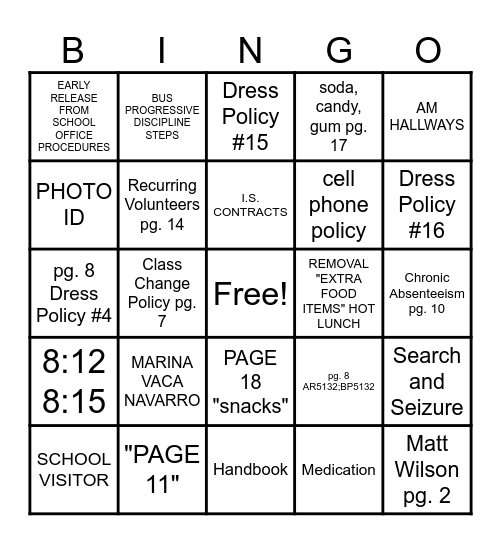 SES HANDBOOK BINGO Card