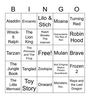 Disney Songs Bingo Card