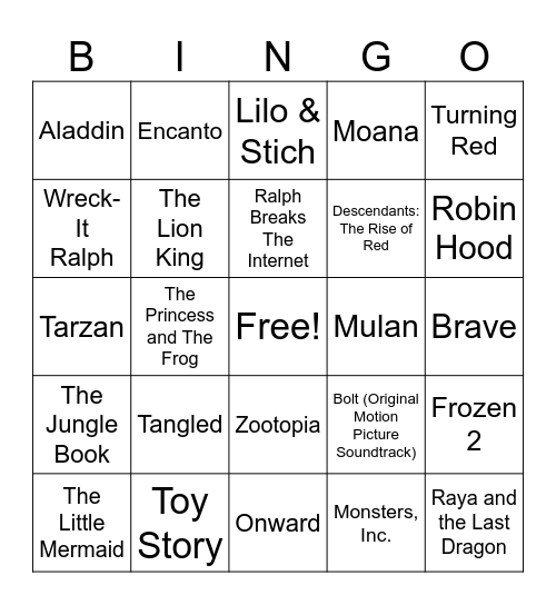 Disney Songs Bingo Card