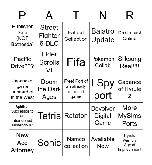 Nintendo Partner direct Bingo Card