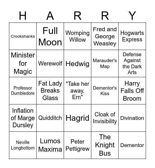 Harry Potter and the Prisoner of Azkaban Bingo Card