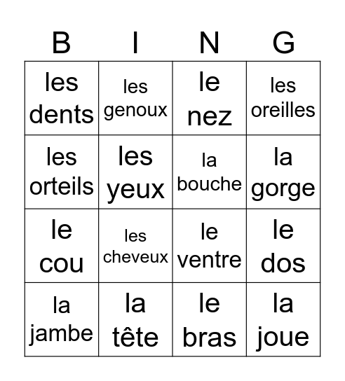 Les parties du corps Bingo Card