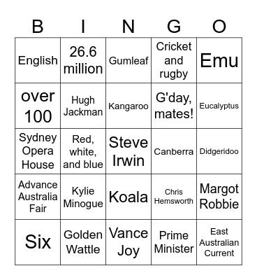 Australia Bingo Card