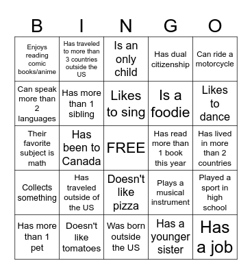 Get to Know You Bingo Card