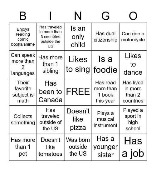 Get to Know You Bingo Card