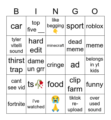 yt shorts bingo Card