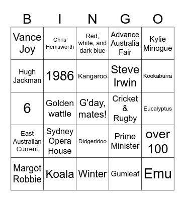 Australia Bingo Card