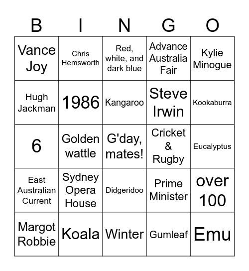 Australia Bingo Card