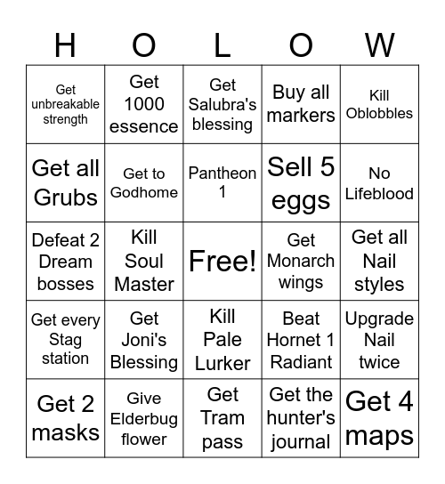 Hollow Knight Bingo Card