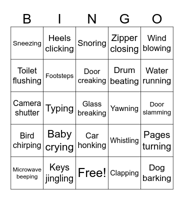 Sounds and Actions Bingo Card