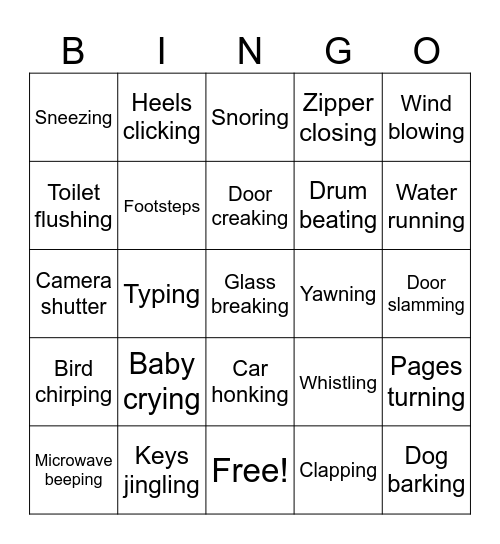 Sounds and Actions Bingo Card
