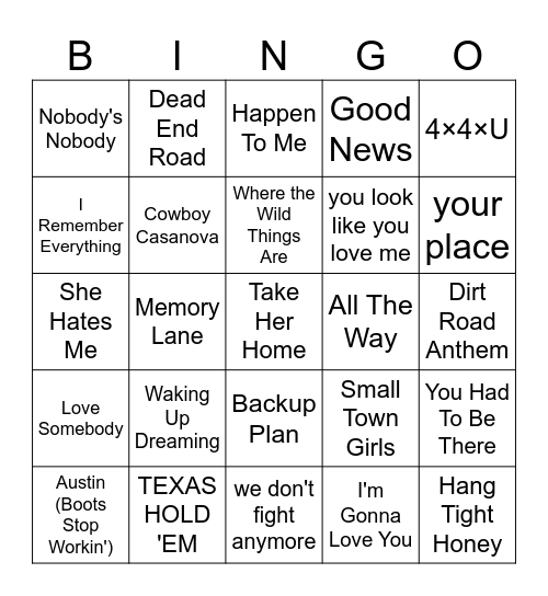 Country Music of Today Bingo Card