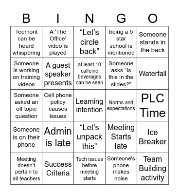 Back to School Bingo Card