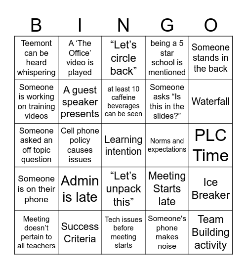 Back to School Bingo Card
