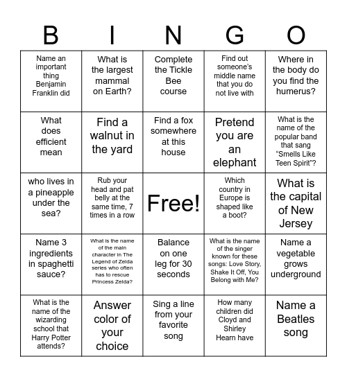 TRIVIA Bingo Card