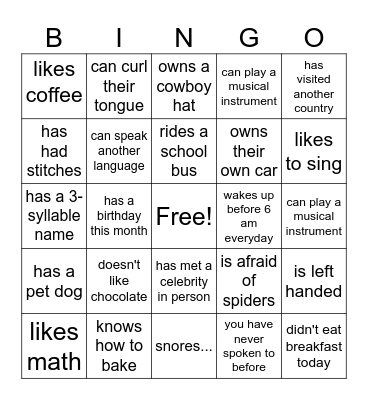 Back To School Bingo (Find Someone Who...) Bingo Card