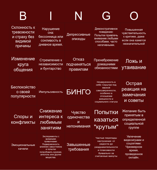 Синдром восьмиклассника Bingo Card