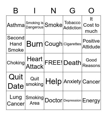 Smoking Cessation Bingo Card