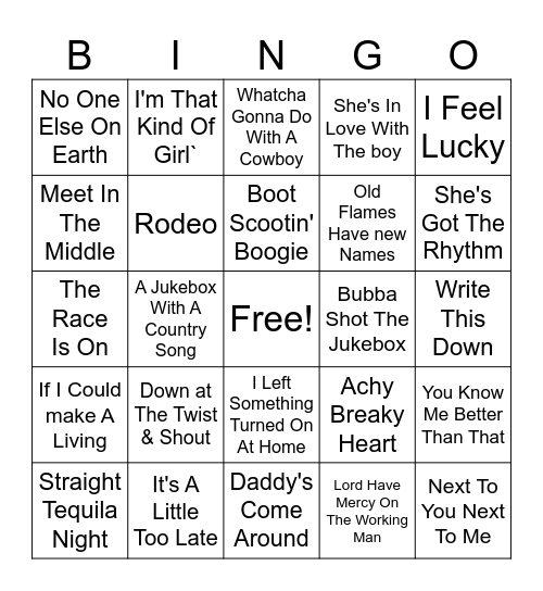 90s Country Bingo Card