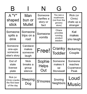 Shenanigans Camping Trip Bingo Card