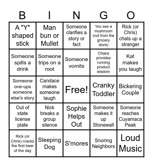 Shenanigans Camping Trip Bingo Card