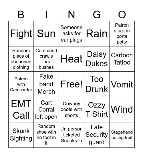 Thursday Night Concert Bingo Card