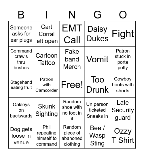 Thursday Night Concert Bingo Card