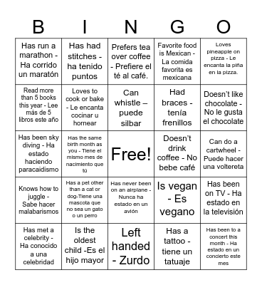 Getting To Know  You Bingo Card