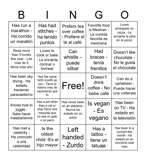 Getting To Know  You Bingo Card