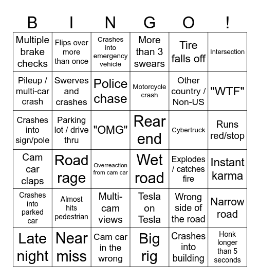 car crash bingo Card