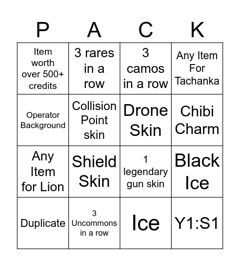 R6 Pack Bingo Card