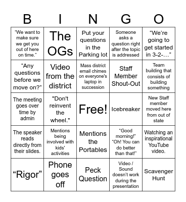 BS Pre-School Week Bingo Card