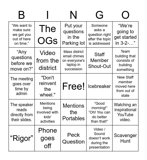 BS Pre-School Week Bingo Card