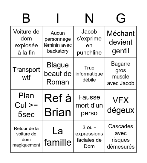 F&F9 Bingo Card