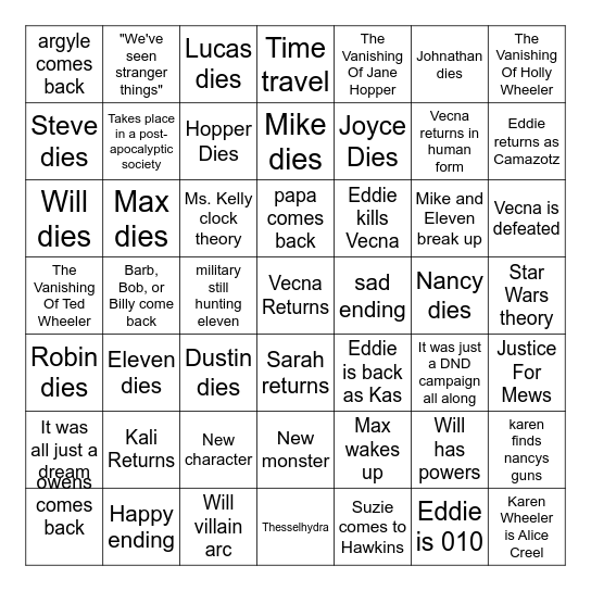 STRANGER THINGS 5 BINGO Card