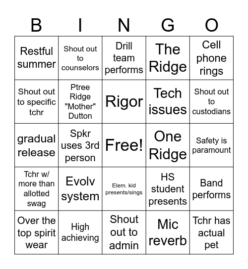 Pep Rally Bingo Card