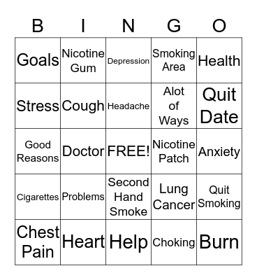 Smoking Cessation Bingo Card