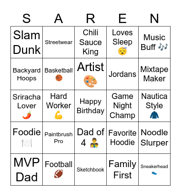 Saren's 40th Birthday Bingo Card
