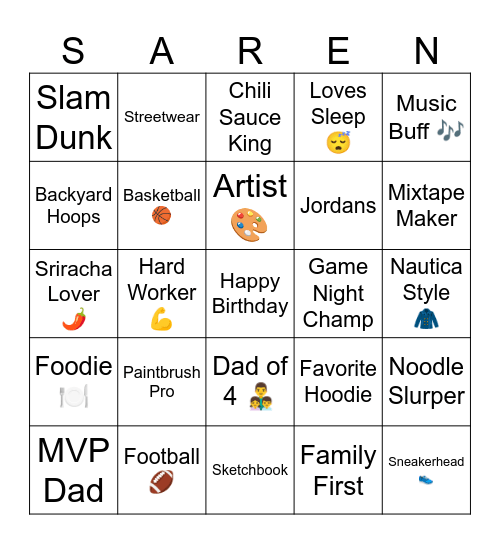 Saren's 40th Birthday Bingo Card
