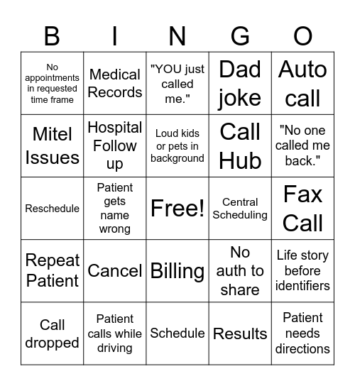 Call Center Bingo Card