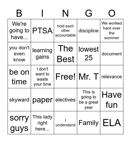 Welcome Back Teachers! Bingo Card