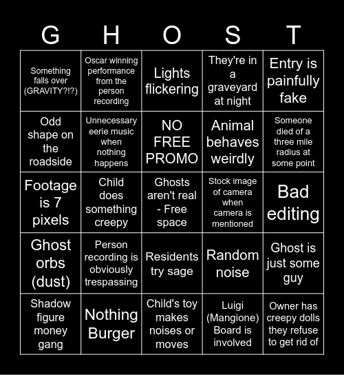 Bizarre Bub Ghost Videos Bingo Card