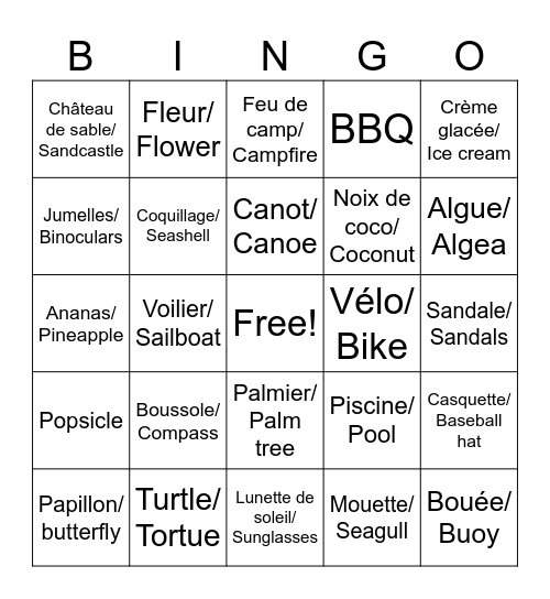 Bingo d'été/ Summer Bingo Card