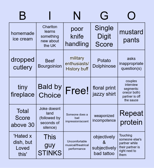 Couples Come Dine With Me Bingo Card