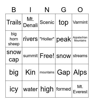 God Formed the Mountains Bingo Card
