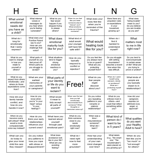 Therapy Bingo & Journal Prompts Bingo Card