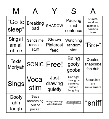 VC with Maya’s goober woober Bingo Card